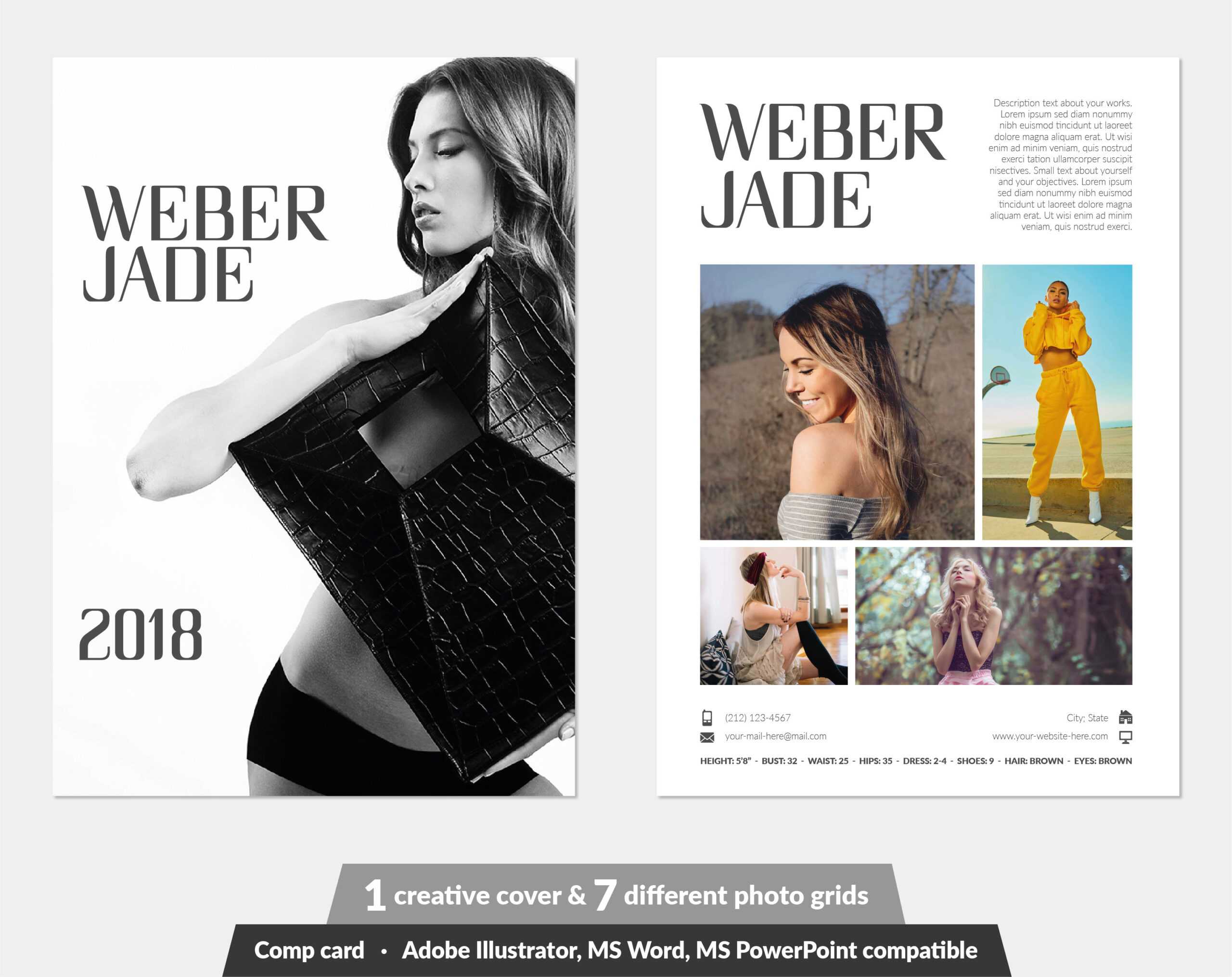 Modeling Comp Card | Fashion Model Comp Card Template (7 Different Grid  Layout) | Word, Powerpoint, Illustrator | Instant Download Pertaining To Download Comp Card Template