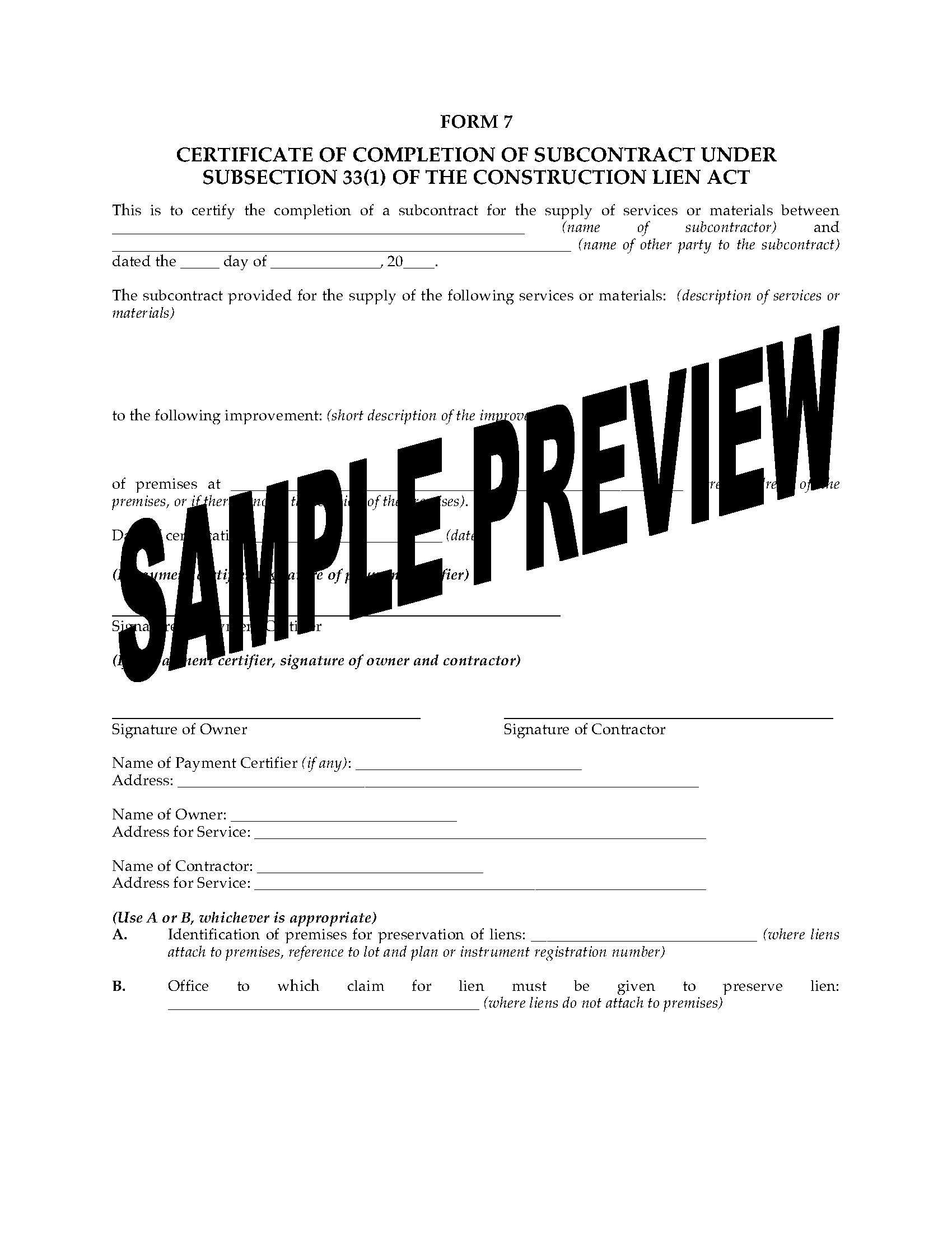 Ontario Certificate Of Completion Of Subcontract With Certificate Of Completion Construction Templates
