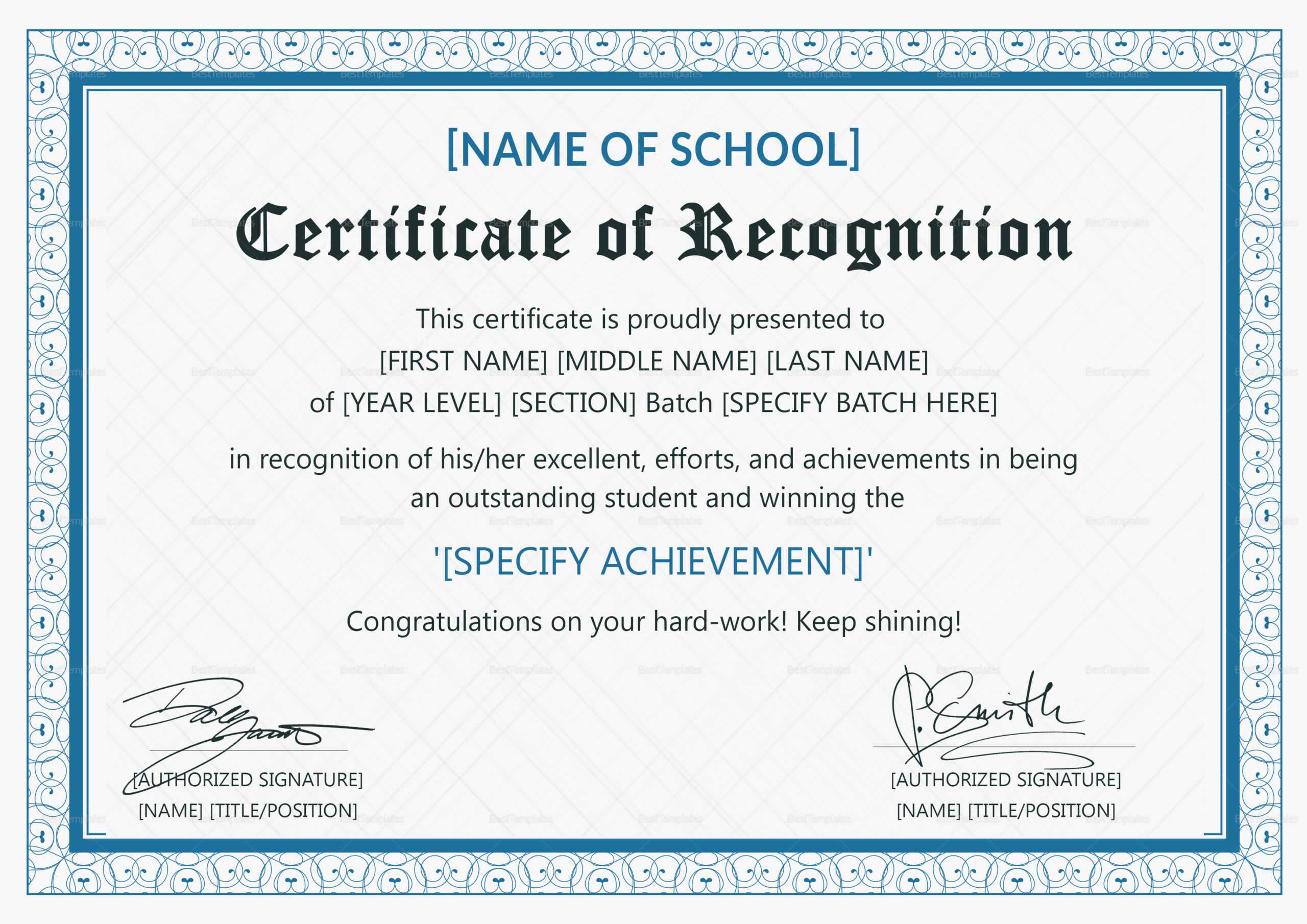 Outstanding Student Recognition Certificate Template With Regard To Sample Certificate Of Recognition Template