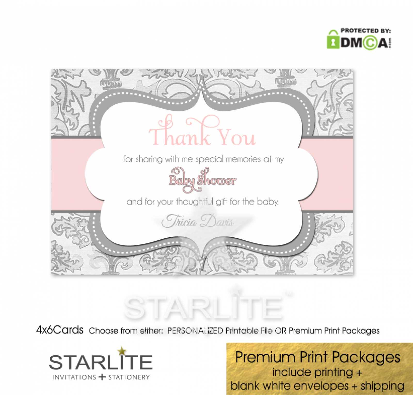 Pink And Gray Grey Shimmer Baby Shower Thank You Card Baby Girl 4X6 Pertaining To Template For Baby Shower Thank You Cards