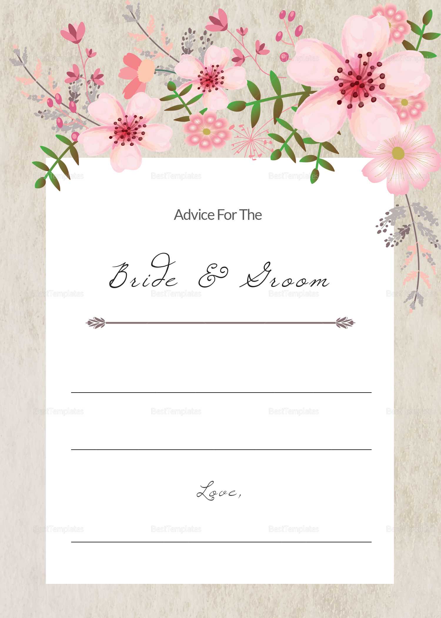 Pink Floral Wedding Advice Card Template Within Marriage Advice Cards Templates