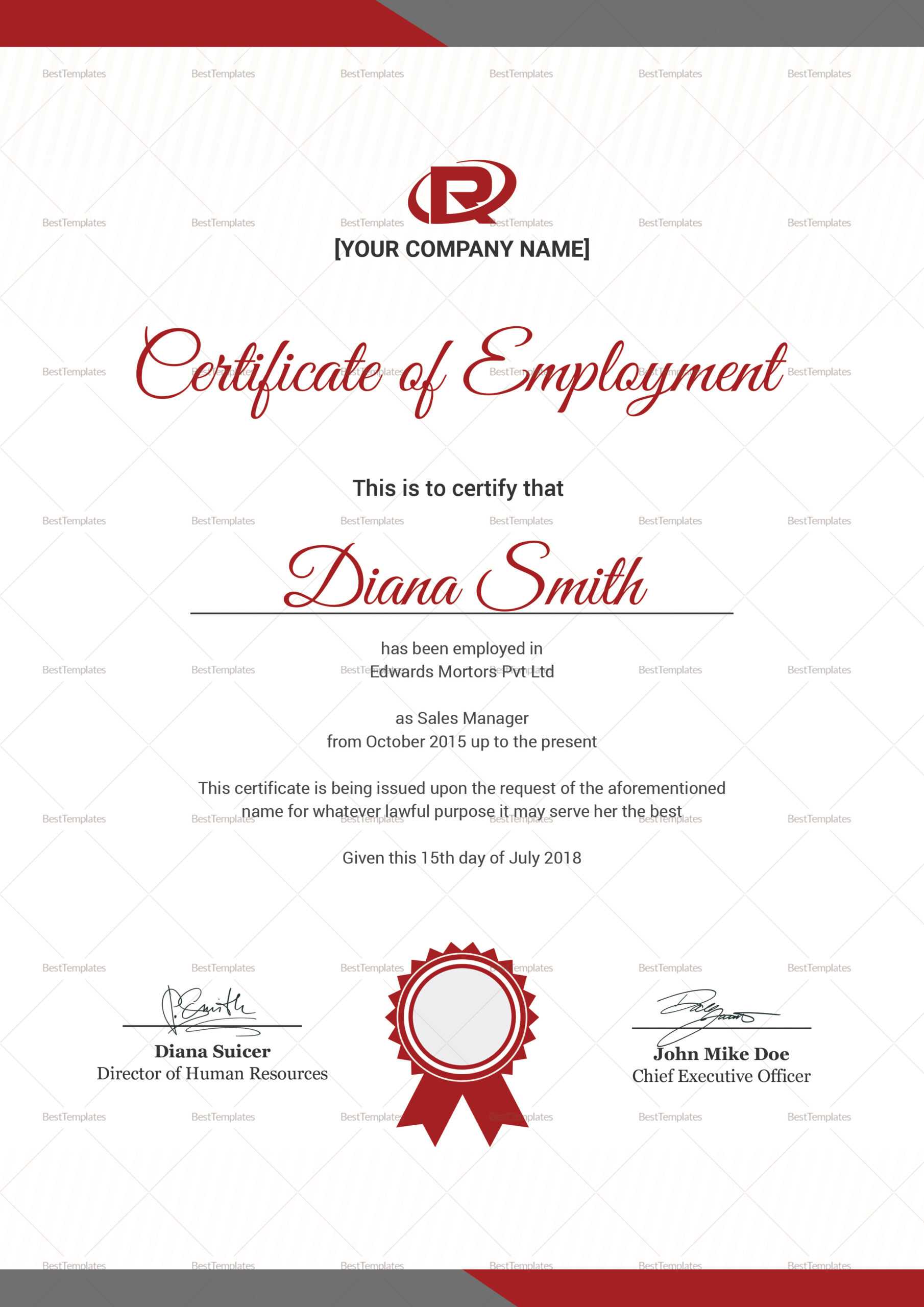 Productive Employment Certificate Template For Certificate Of Employment Template