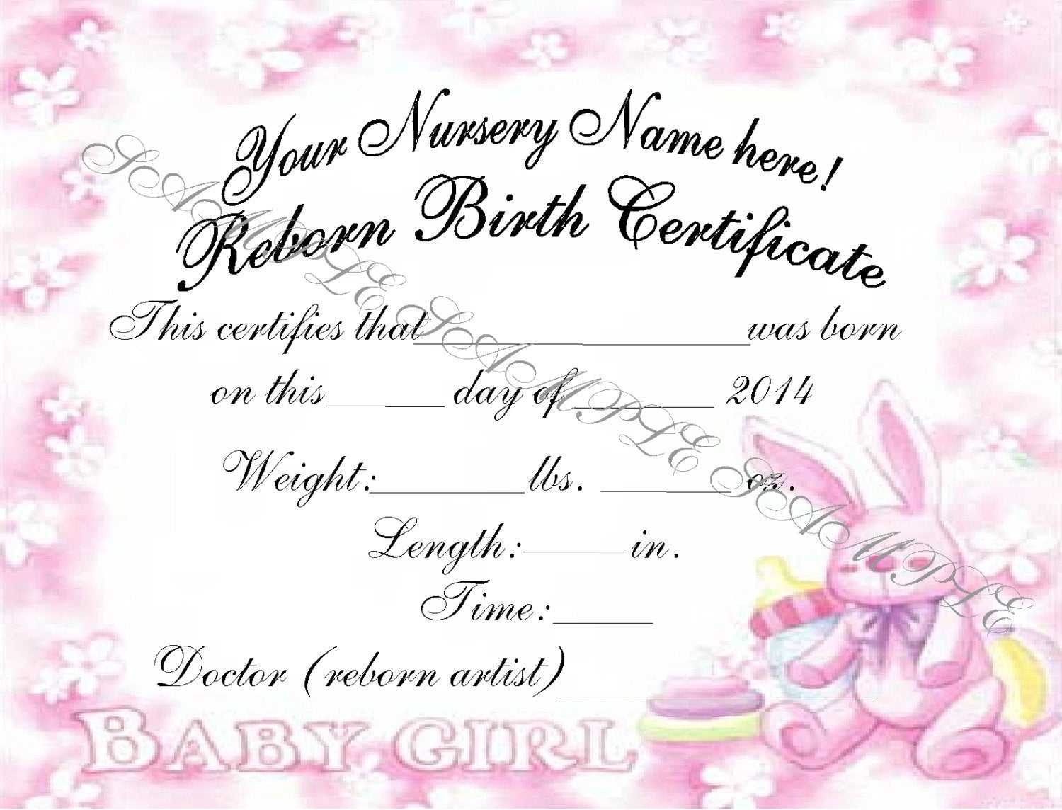 Reborn Birth Certificates (Your Custom Nursery Name) 5 Certificates With Regard To Baby Doll Birth Certificate Template