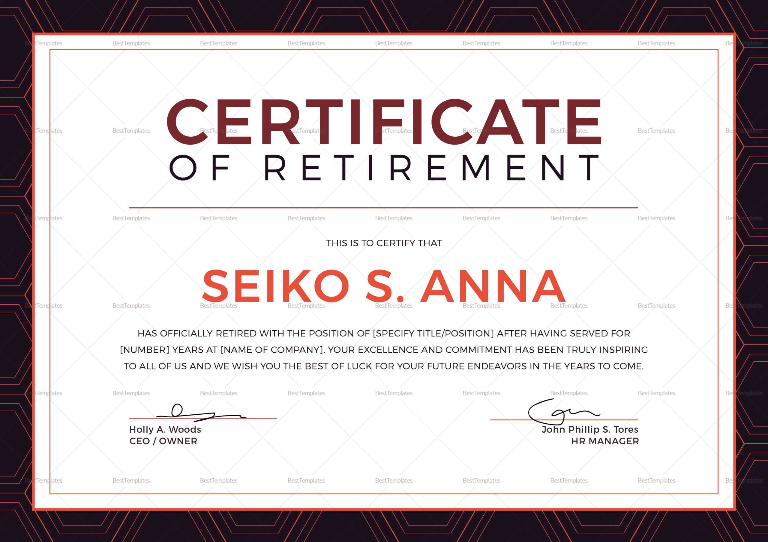 Retirement Certificate Template Within Retirement Certificate Template