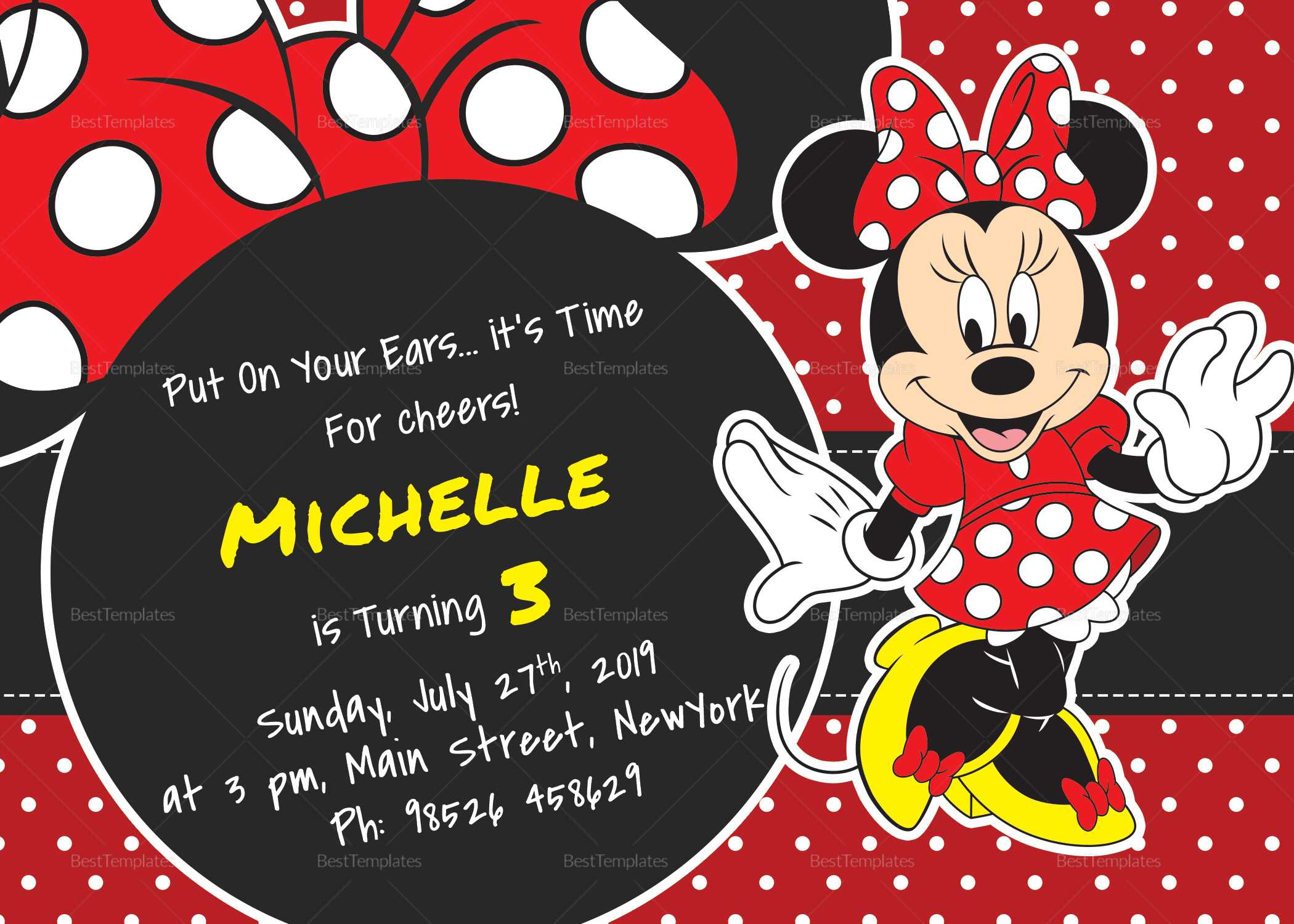 Rocking Minnie Mouse Birthday Invitation Card Template Intended For Minnie Mouse Card Templates