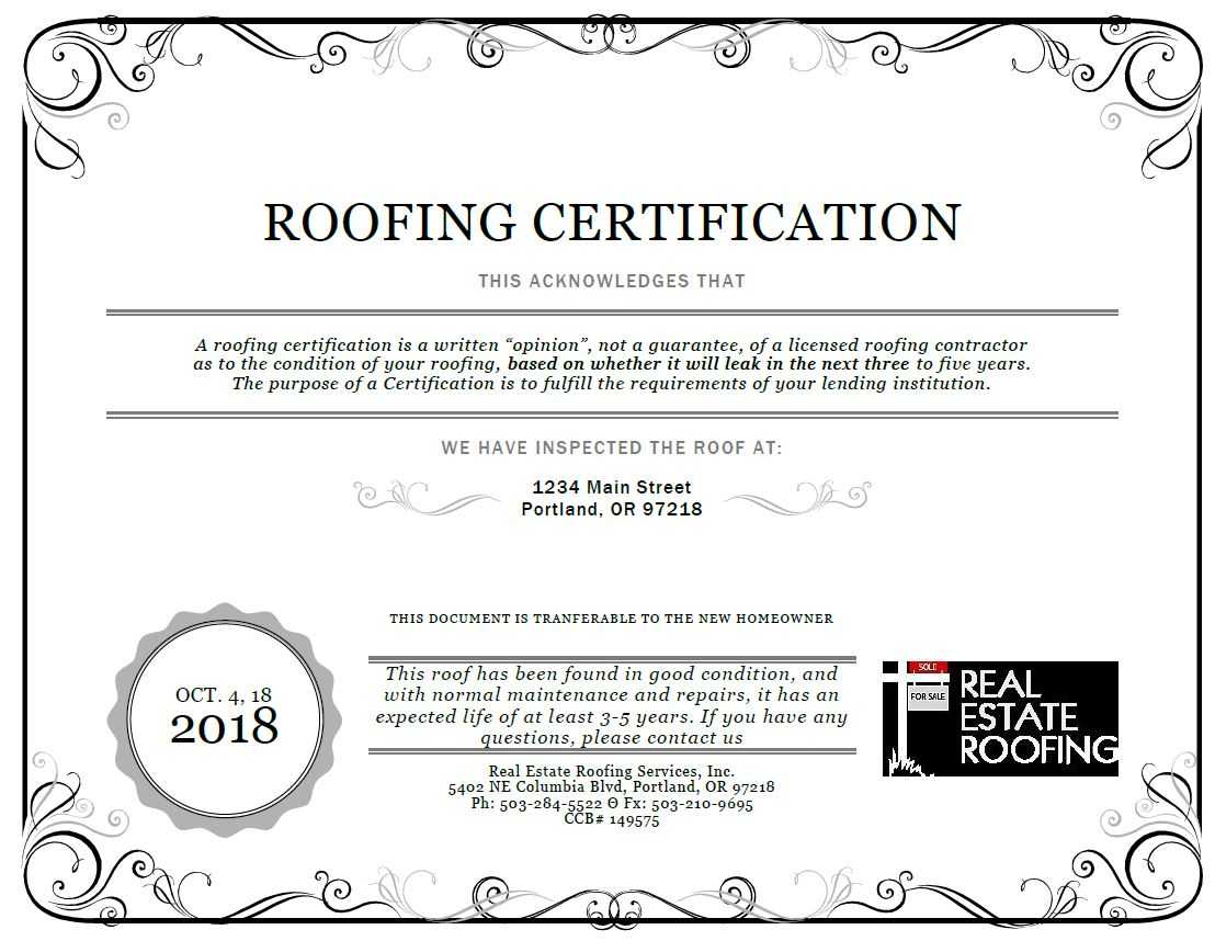 Roof Certification: Sample | Real Estate Roofing Within Roof Certification Template