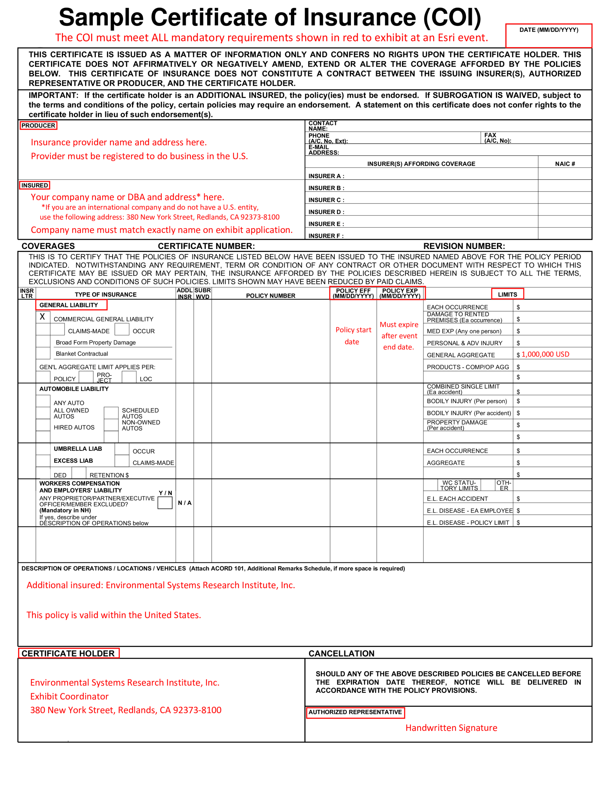 Sample Certificate Of Insurance (Coi) | Templates At Within Certificate Of Insurance Template