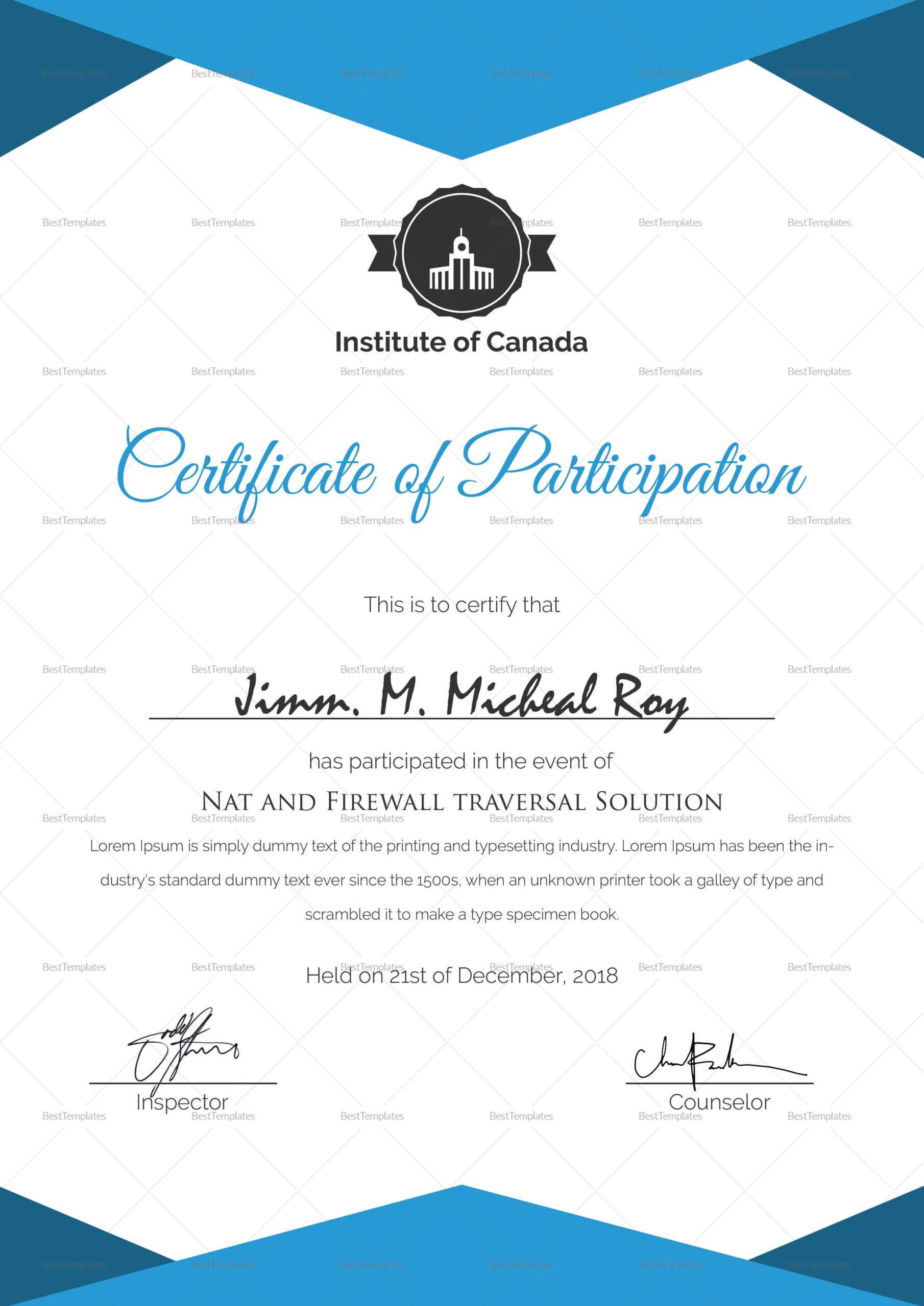 Sample Certificate Of Participation Template With Certificate Of Participation Template Word