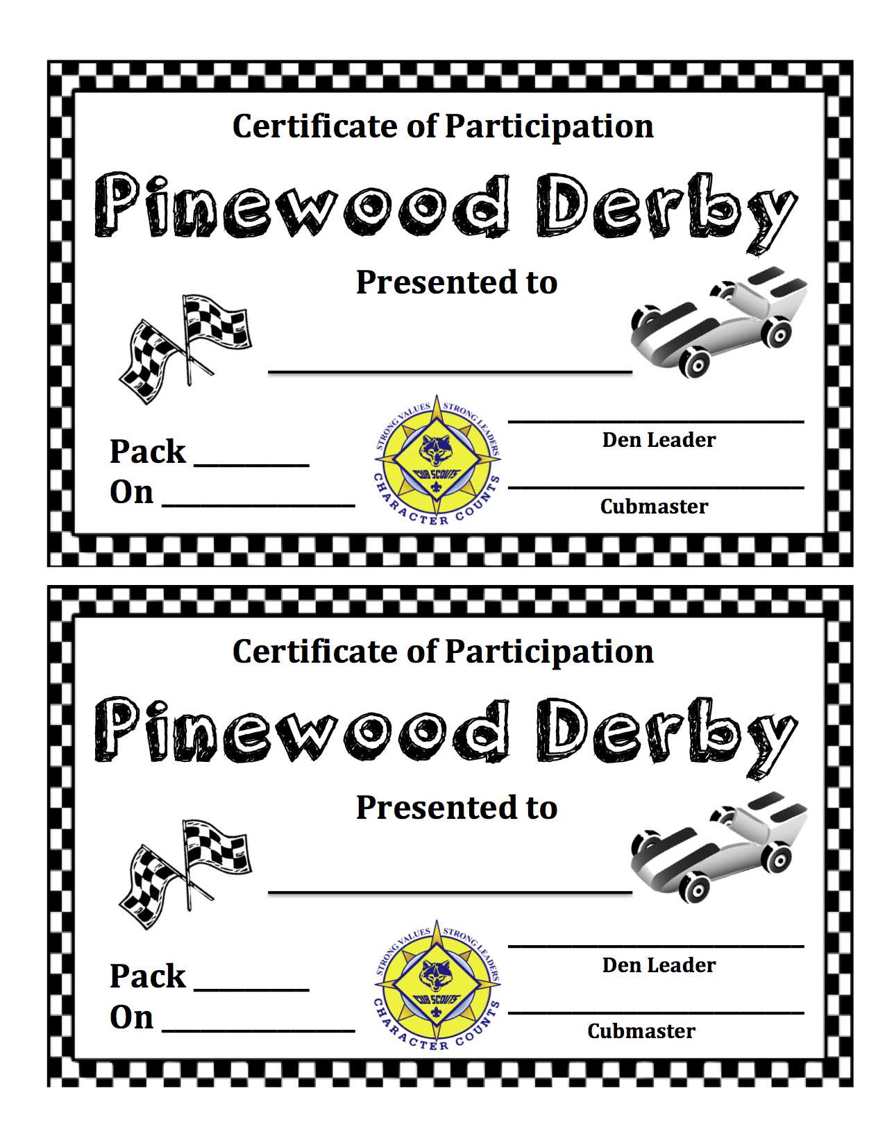 Sample Certificate: Pinewood Derby Certificates Inside Pinewood Derby Certificate Template