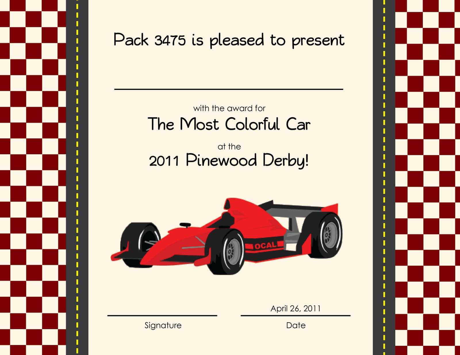 Sample Certificate: Pinewood Derby Certificates Pertaining To Pinewood Derby Certificate Template