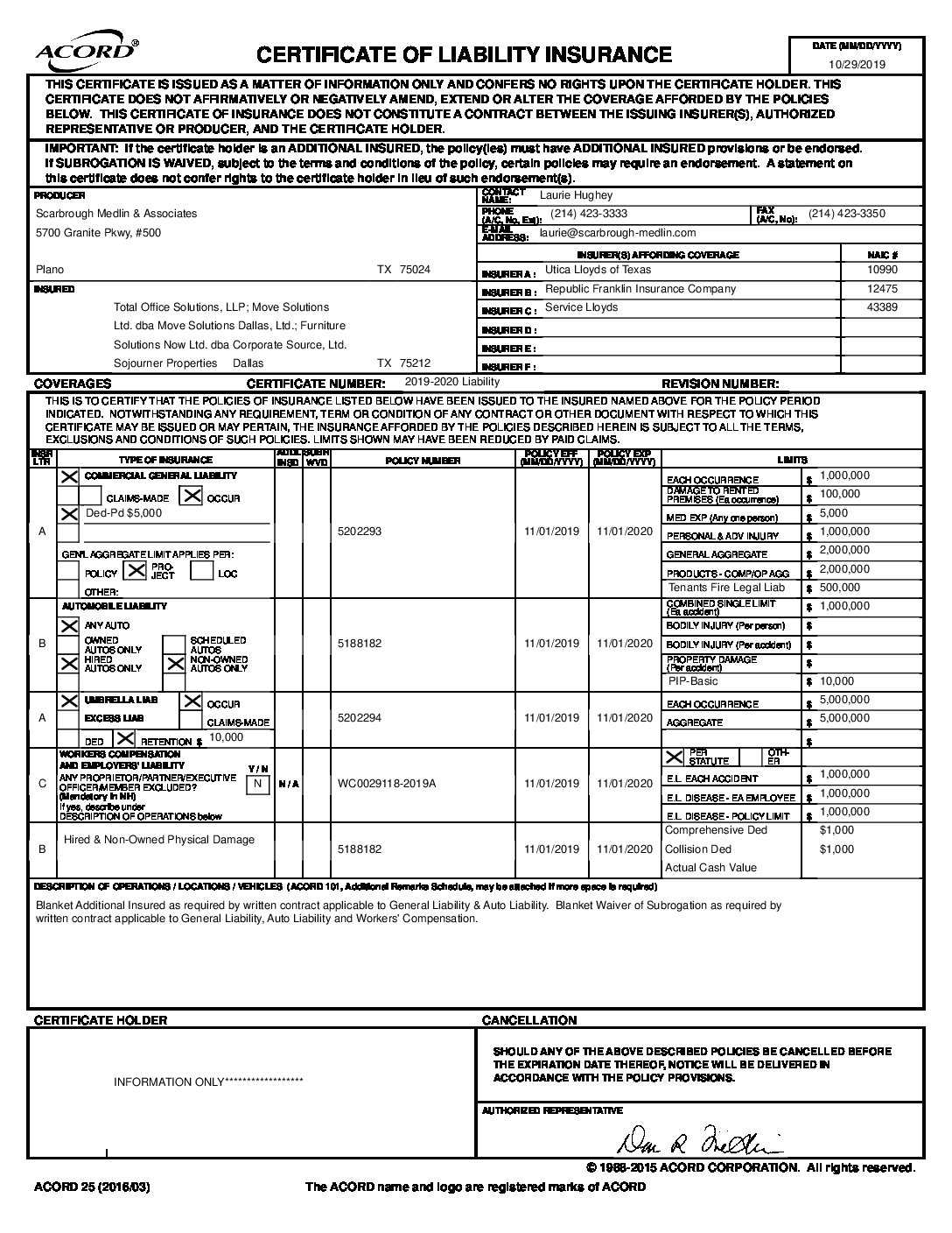 Sample Coi – Certification Of Insurance | Move Solutions In Certificate Of Insurance Template