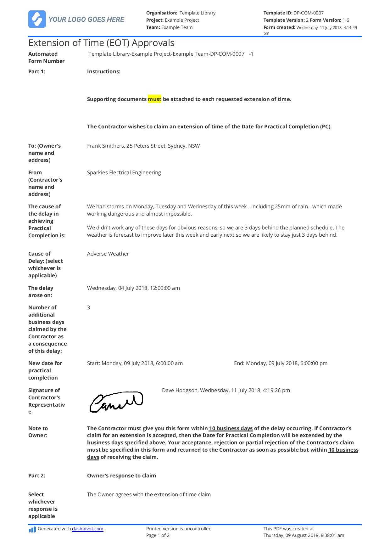 Sample Letter Of Extension Of Time For Construction (Eot Letter) Pertaining To Practical Completion Certificate Template Jct