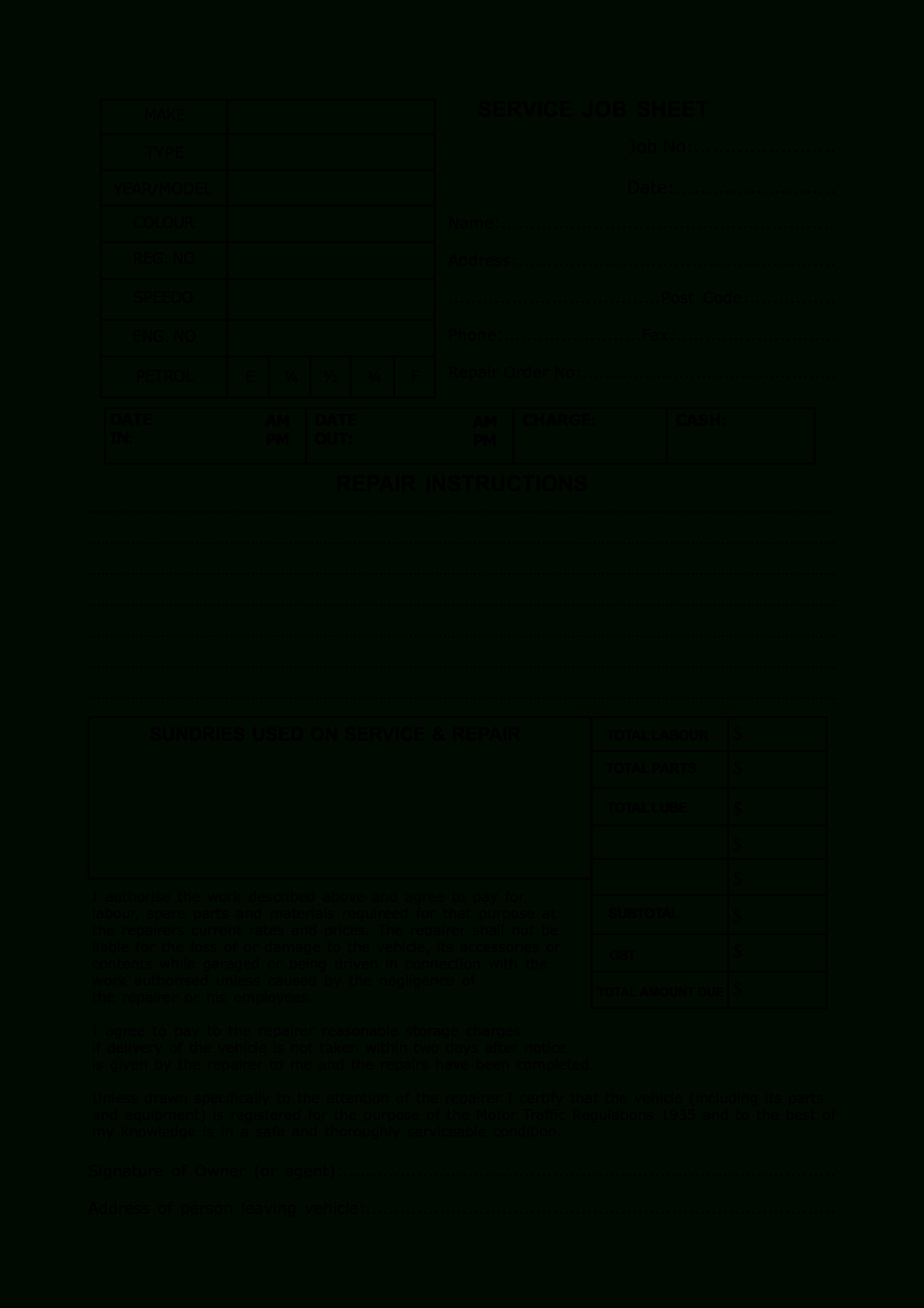 Service Sheet Template – Beyti.refinedtraveler.co With Mechanic Job Card Template