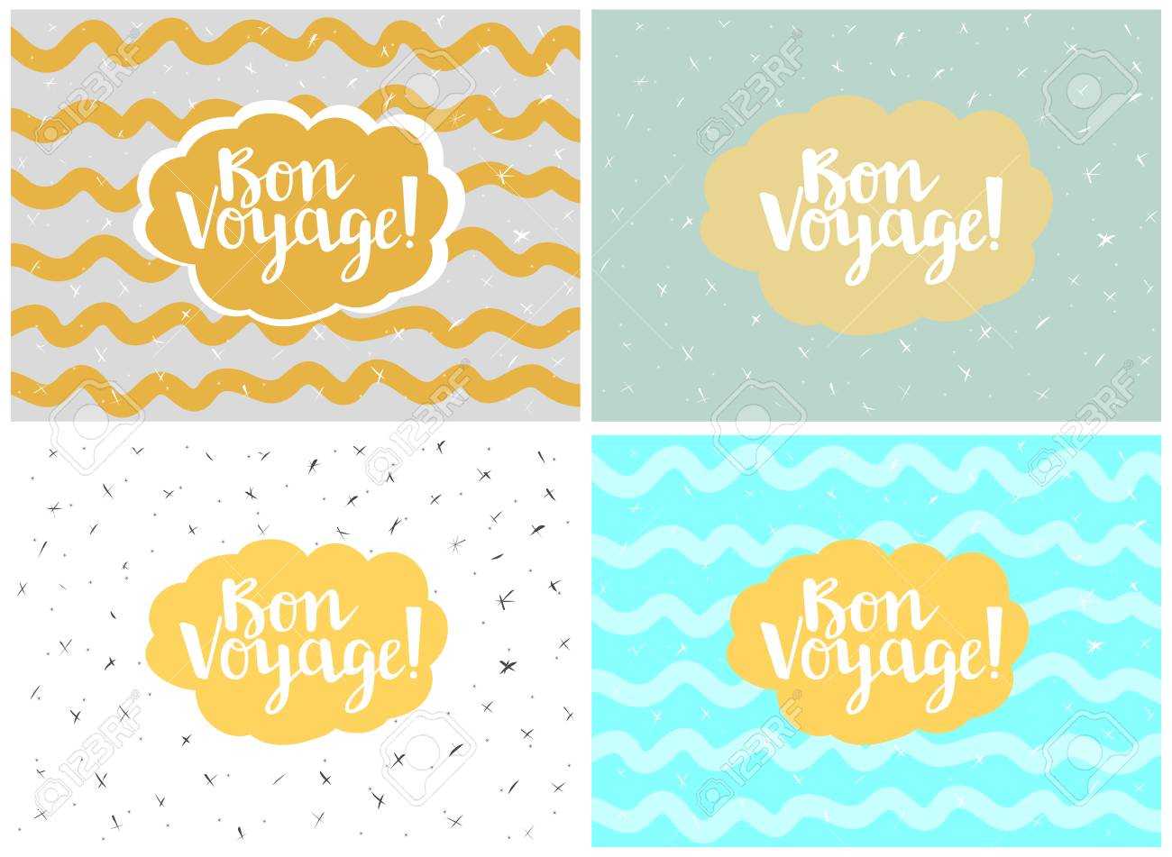 Set Of Four Cards, Vector Templates. Bon Voyage. For Bon Voyage Card Template