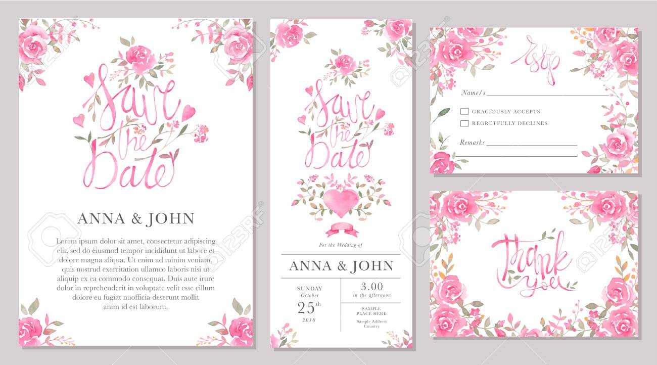 Set Of Wedding Invitation Card Templates With Watercolor Rose.. Regarding Save The Date Cards Templates