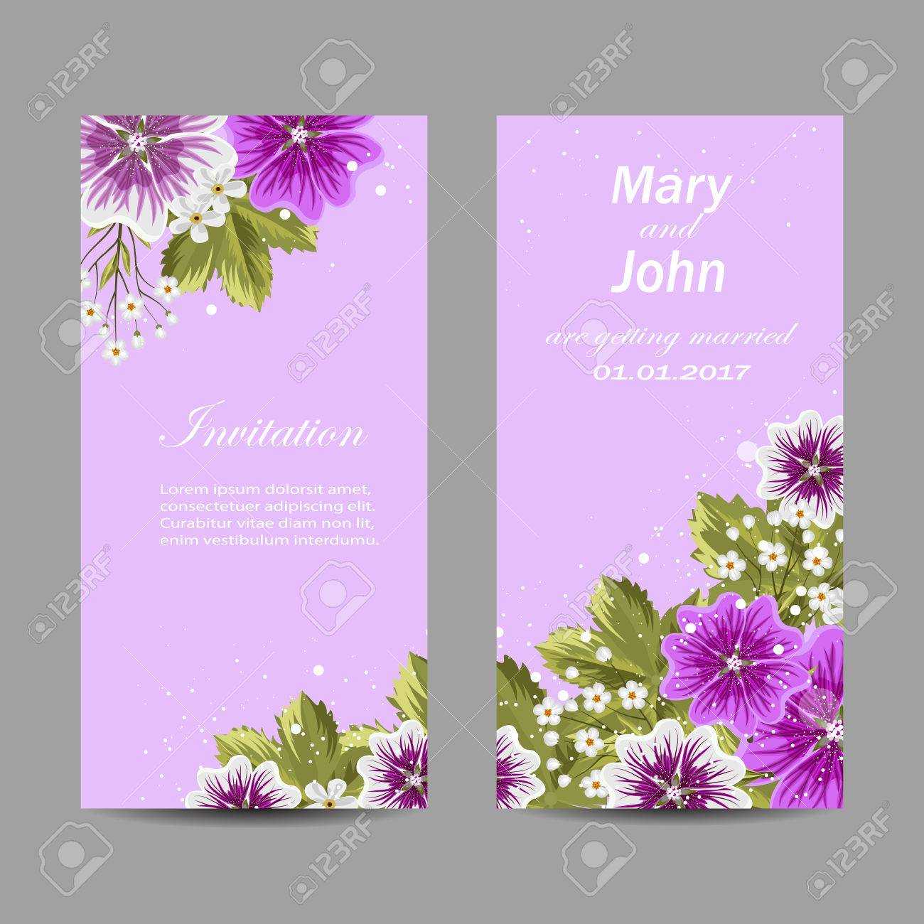 Set Of Wedding Invitation Cards Design. Beautiful Mallow Flowers.. Regarding Invitation Cards Templates For Marriage