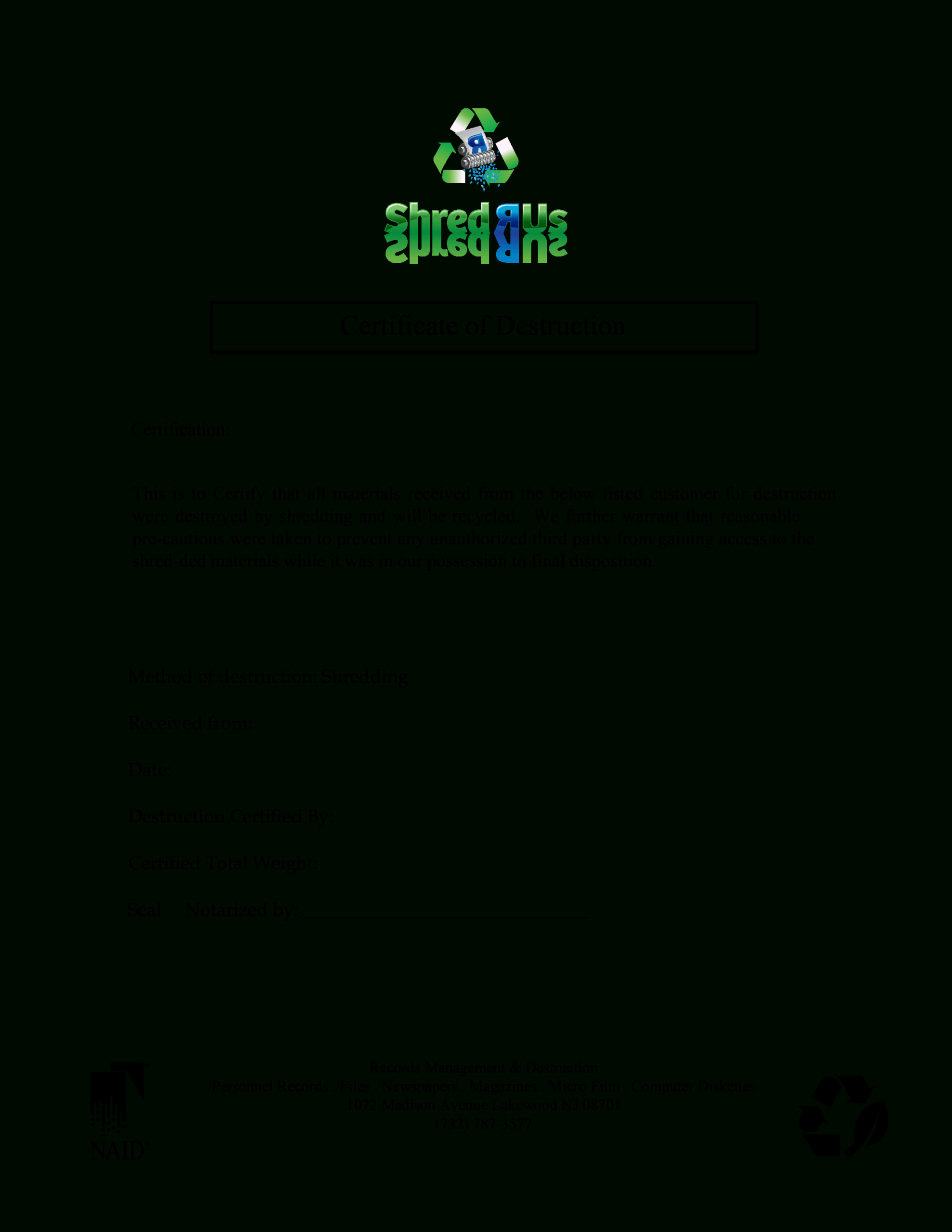 Simple Certificate Of Destruction | Templates At Intended For Destruction Certificate Template