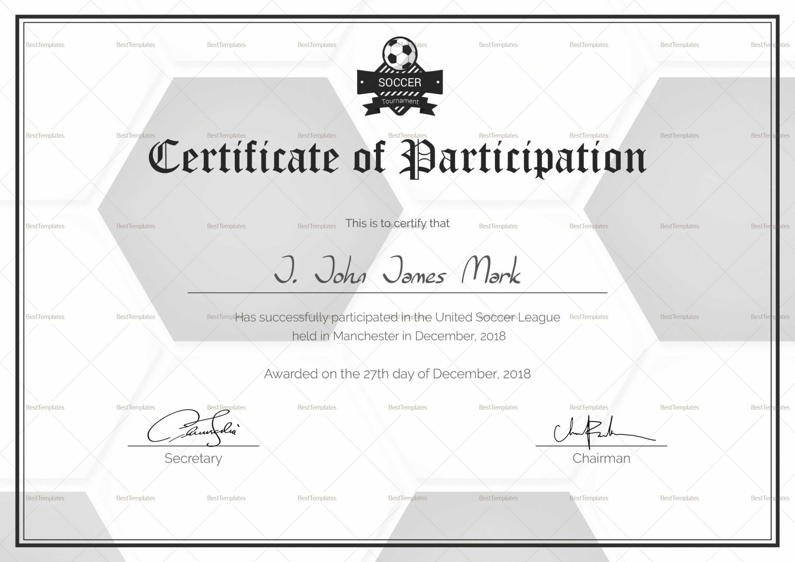 Soccer Participation Certificate Design Template In Psd Throughout Soccer Certificate Templates For Word