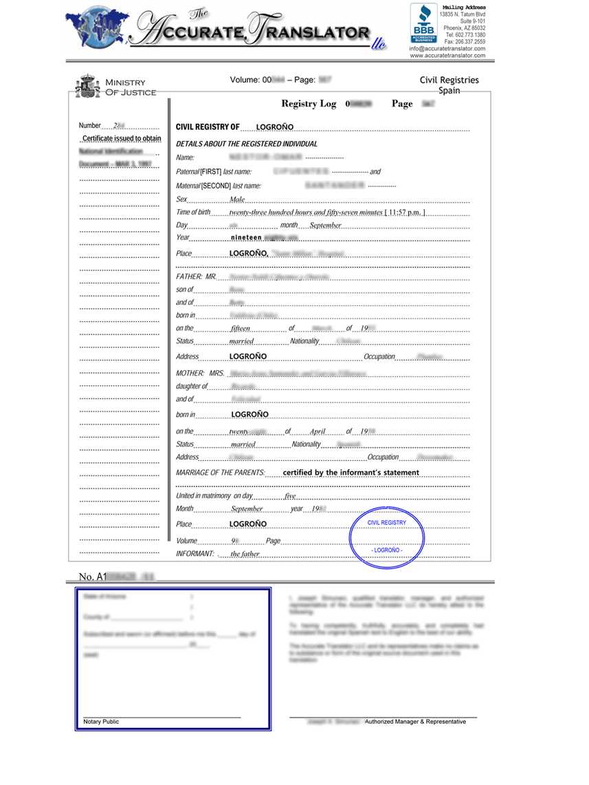Spanish Birth Certificate Translation Within Spanish To English Birth Certificate Translation Template