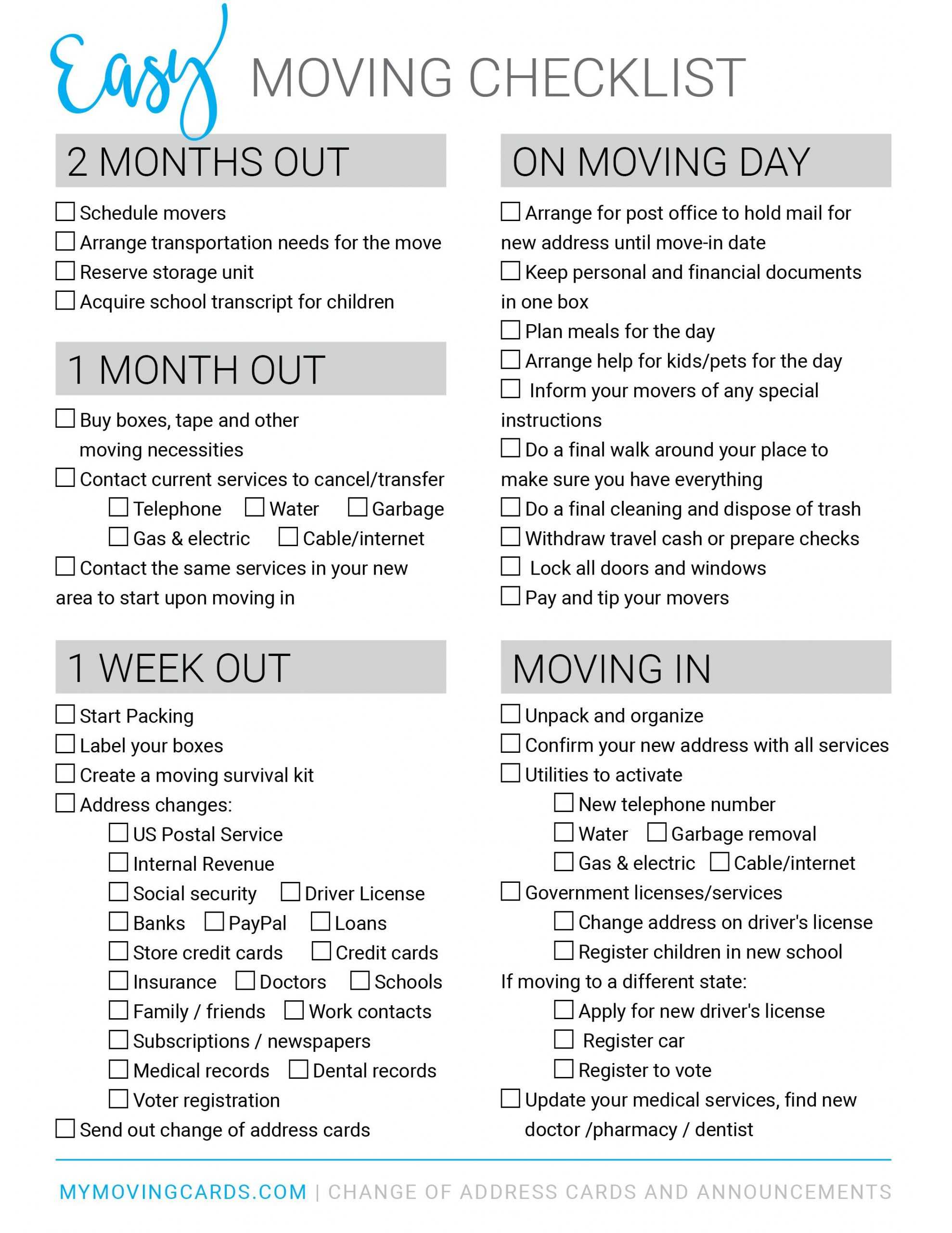 Spreadsheet Moving House Checklist Free Printable Download For Moving House Cards Template Free
