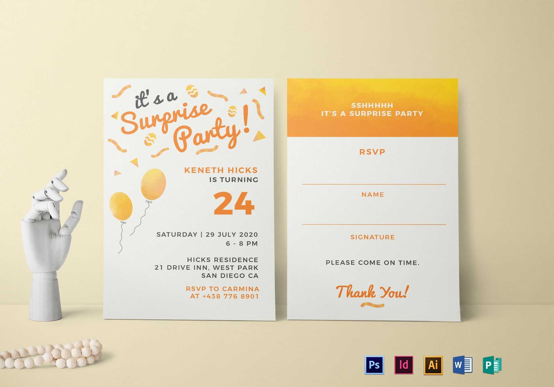Surprise Birthday Party Invitation Template In Birthday Card Indesign Template