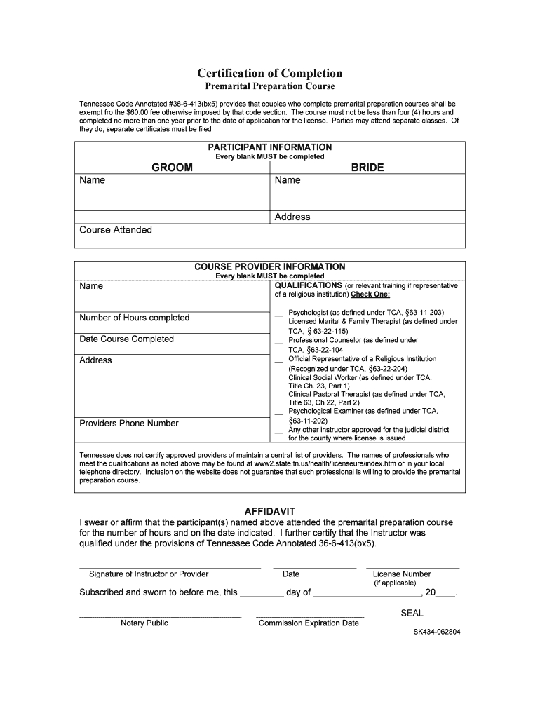 Tennessee Premarital Counseling Form – Fill Online For Premarital Counseling Certificate Of Completion Template