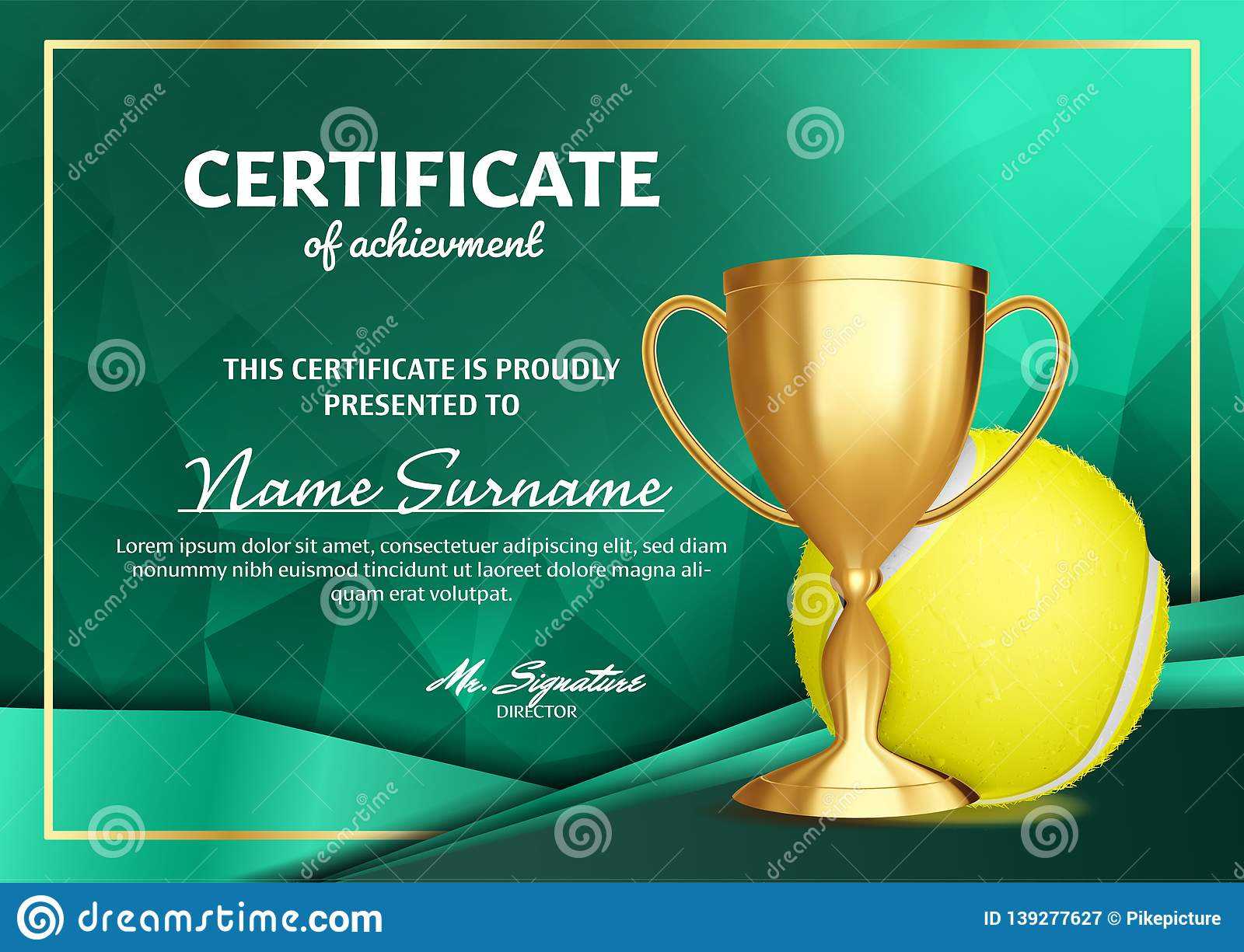 Tennis Certificate Diploma With Golden Cup Vector. Sport Intended For Tennis Certificate Template Free