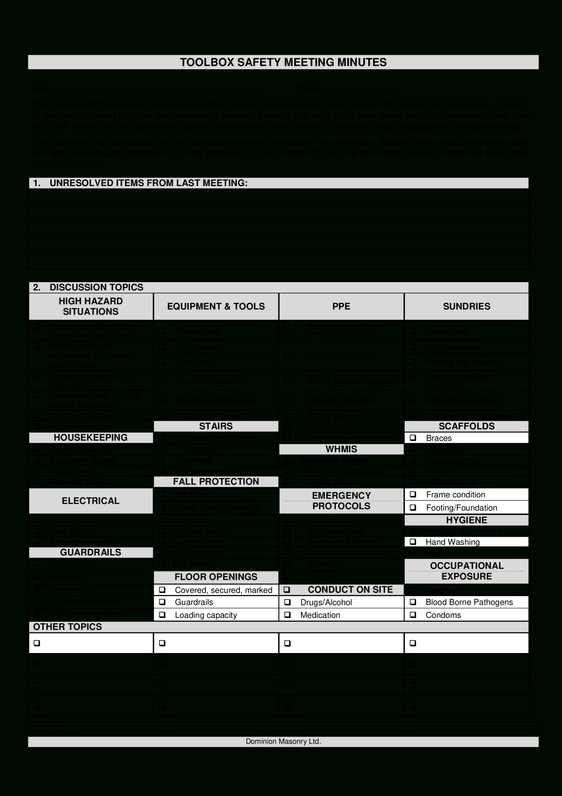 Toolbox Safety Meeting Minutes | Templates At Inside Fall Protection Certification Template