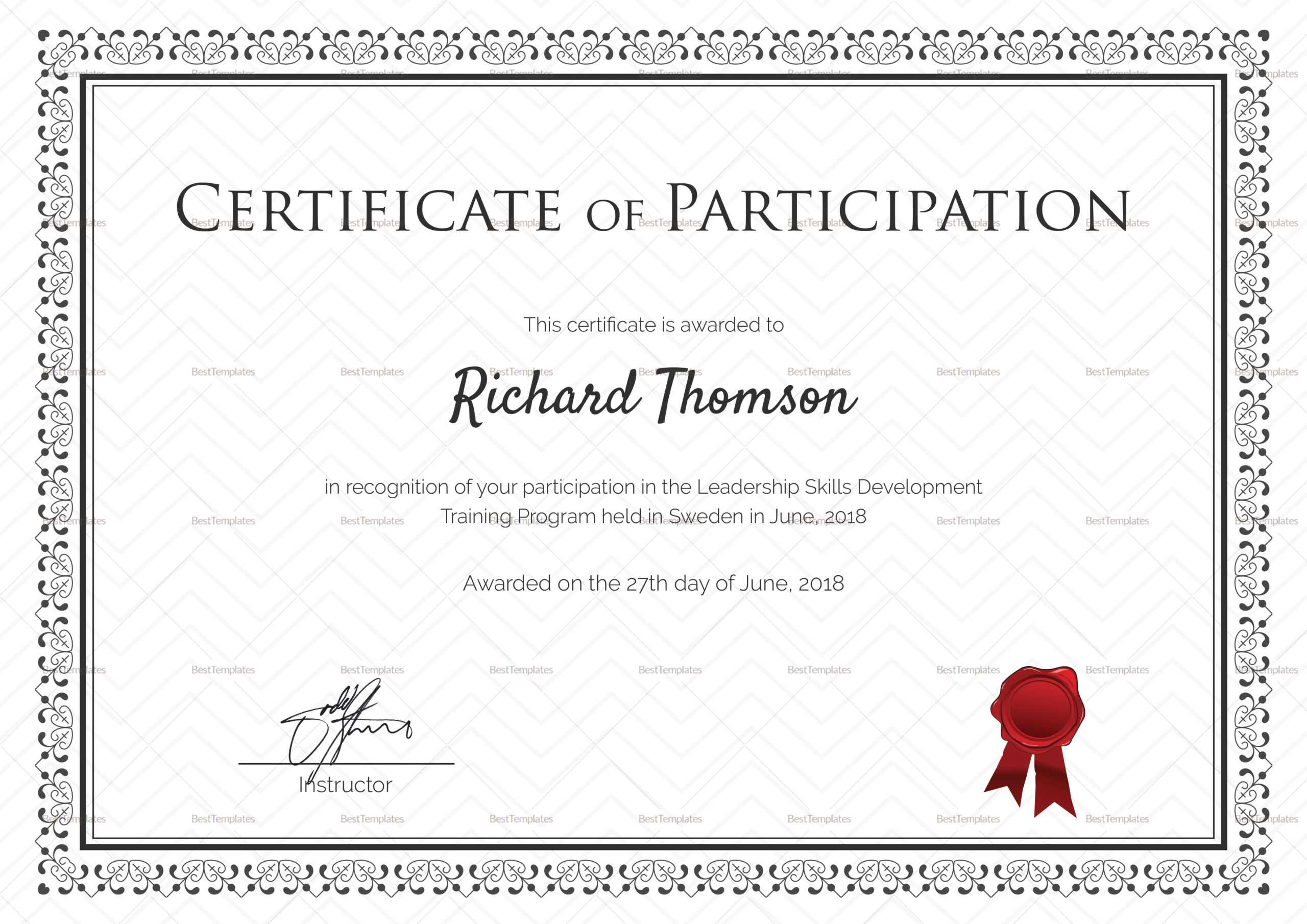 Training Participation Certificate Template Intended For Certificate Of Participation Template Word
