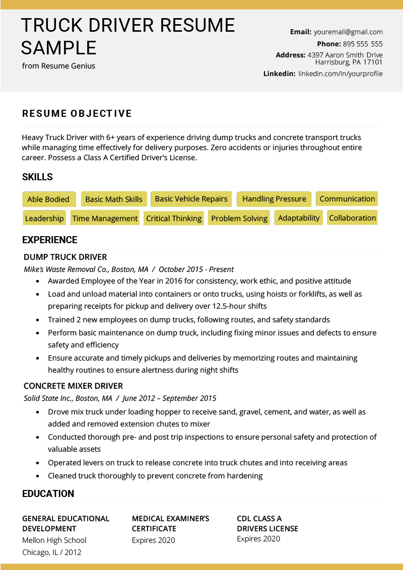 Truck Driver Resume Sample And Tips | Resume Genius Within Safe Driving Certificate Template
