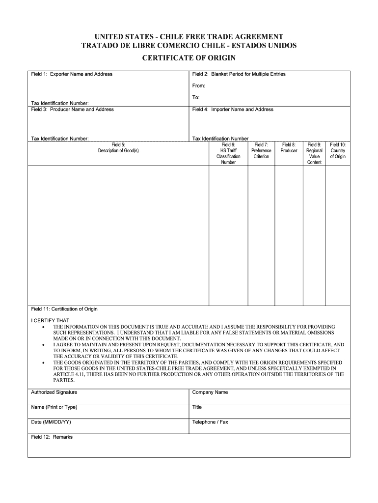 Us Chile Certificate Of Origin – Fill Online, Printable Pertaining To Certificate Of Origin For A Vehicle Template