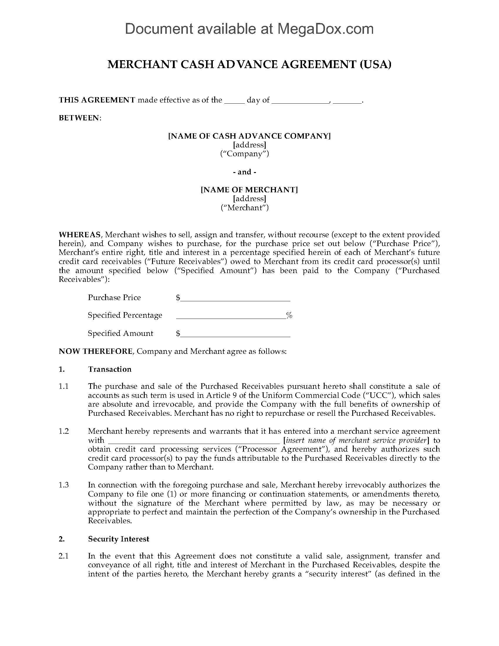 Usa Merchant Cash Advance Agreement In Corporate Credit Card Agreement Template