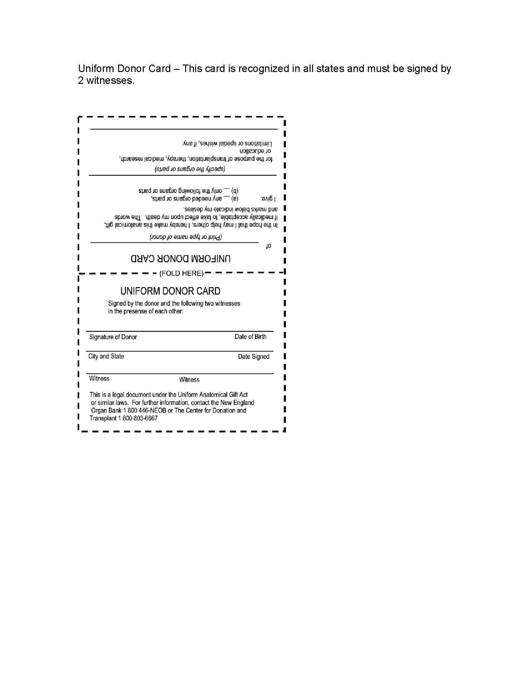 Usa Uniform Organ Donor Card | Legal Forms And Business Inside Organ Donor Card Template