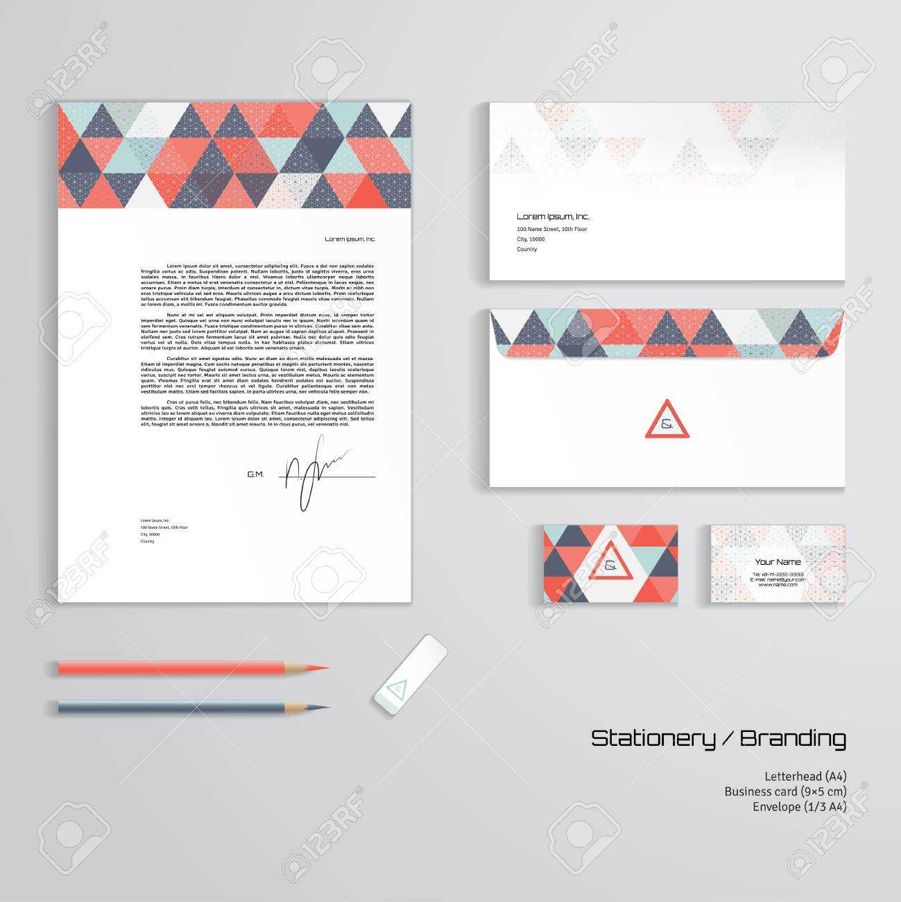 Vector Corporate Identity Templates. Multicolored Geometric Pattern.. With Business Card Letterhead Envelope Template