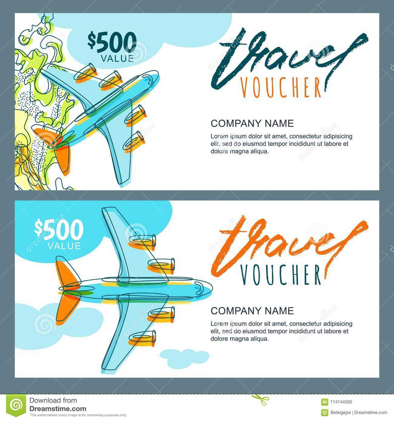 Vector Gift Travel Voucher. Top View Hand Drawn Flying Inside Free Travel Gift Certificate Template