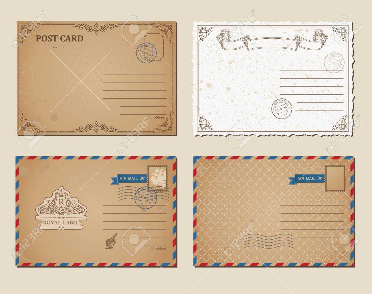 Vintage Postcards, Postage Stamps, Vector Illustration Post Cards.. Inside Post Cards Template