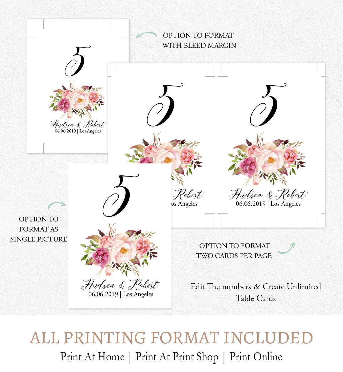 Watercolor Flowers Table Numbers Signage, Editable Numbers Card Template  Digital Printable F9 For Table Number Cards Template