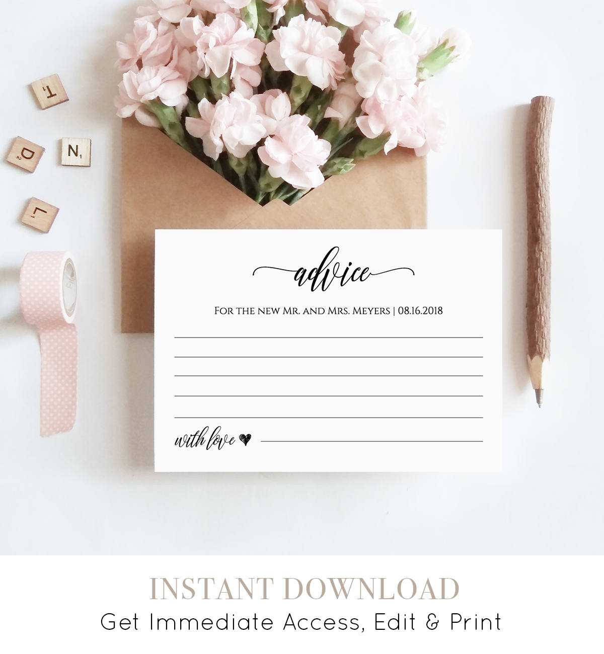 Wedding Advice Card Printable, Editable Template, Well With Regard To Marriage Advice Cards Templates