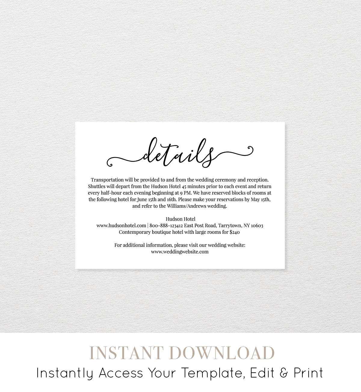 Wedding Details Card Template, Printable Accommodations For Wedding Hotel Information Card Template