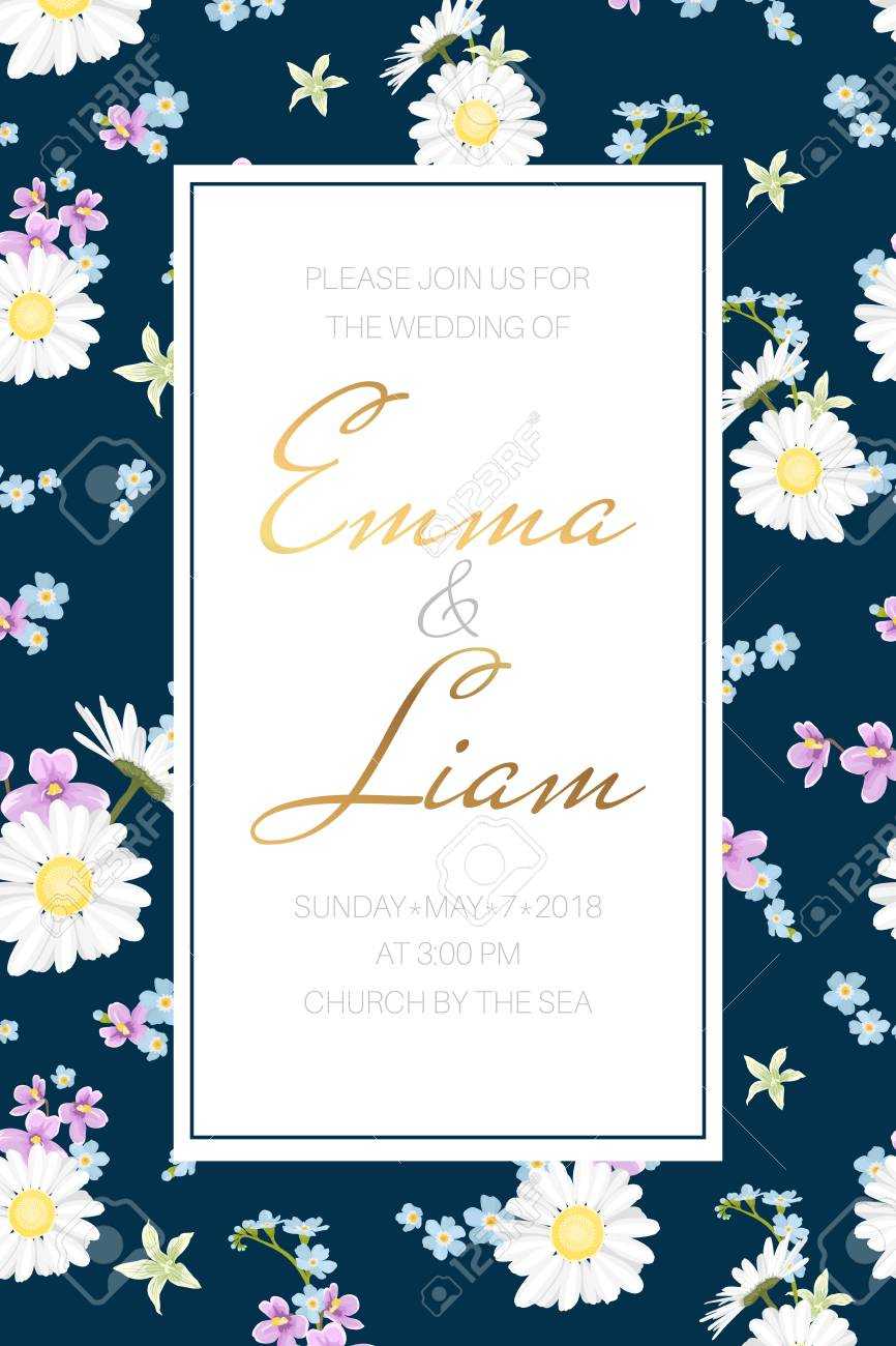 Wedding Marriage Event Invitation Card Template. Chamomile, Forget Me Not,.. With Event Invitation Card Template