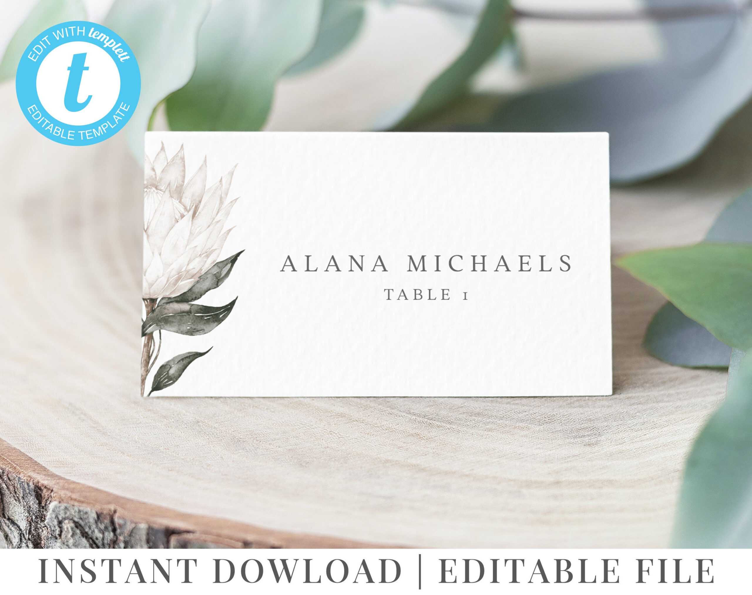 White Protea Place Cards | White Flowers | Flat | Folded | Printable |  Editable Template | Alana Pertaining To Michaels Place Card Template
