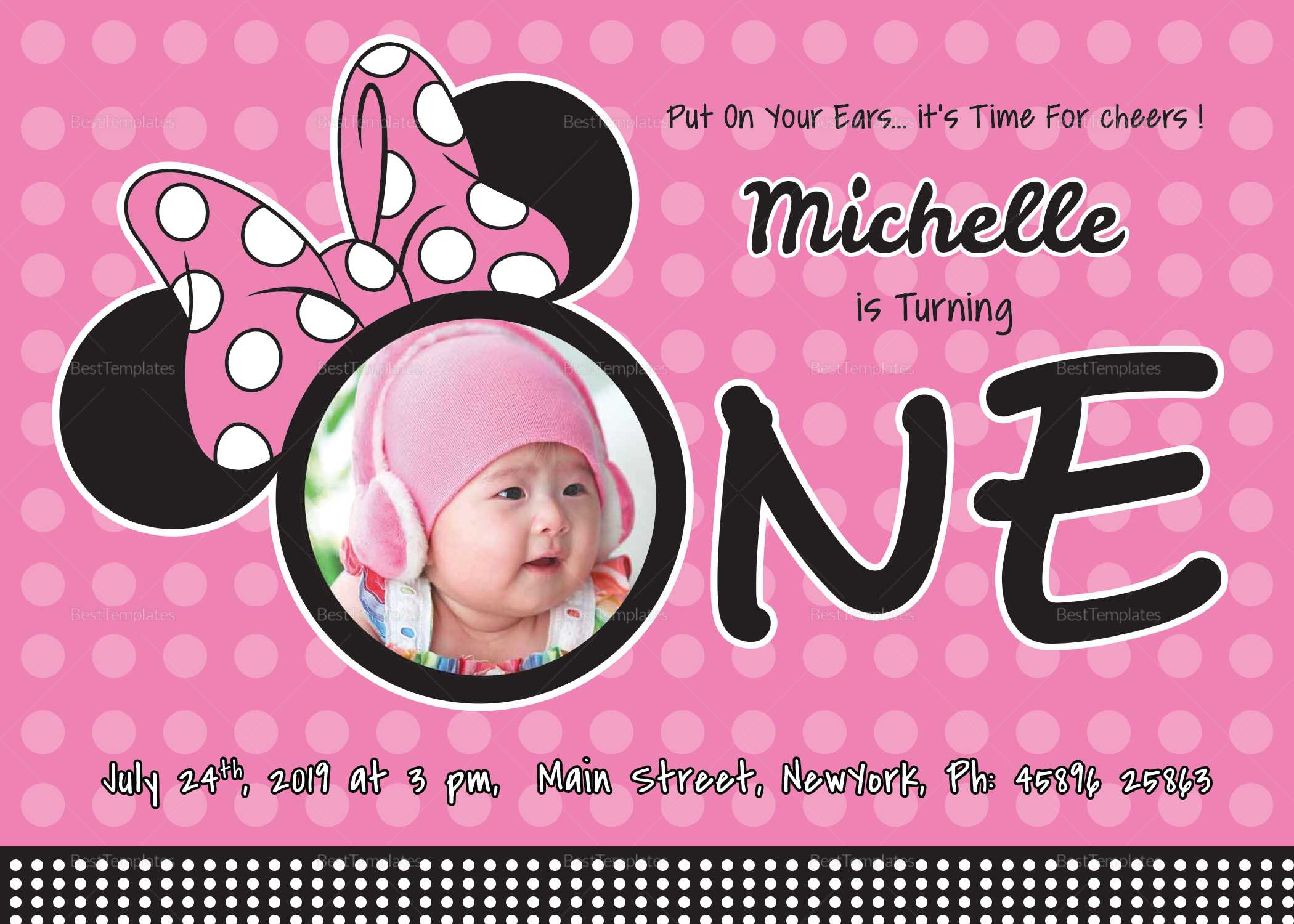Wonderful Minnie Mouse Birthday Invitation Card Template Pertaining To Minnie Mouse Card Templates