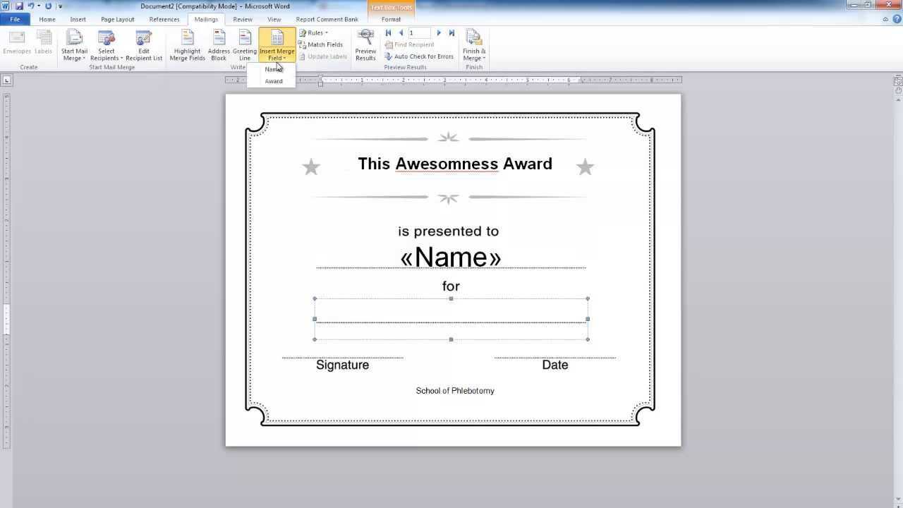 Word: Simple Mail Merge. Certificate Example Throughout Free Certificate Templates For Word 2007